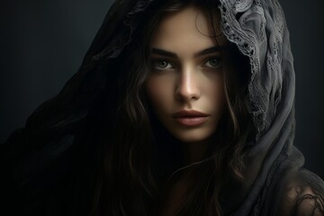 Portrait of a beautiful woman in a black robe