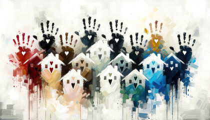 Colourful handprints and houses represent cultural diversity. Multicultural friendship concept - obrazy, fototapety, plakaty