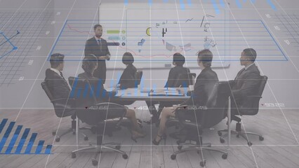 Animation of graphs, changing numbers, diverse coworkers discussing human resources on whiteboard