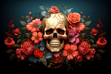 Abstract art background from human skull and flowers