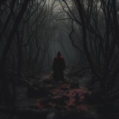 a dark and gloomy forest through which a man in a dark robe wanders