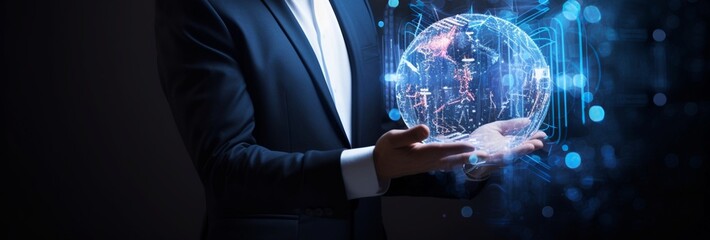 Businessman with Blue Technology Hologram Touching the Digital Planet