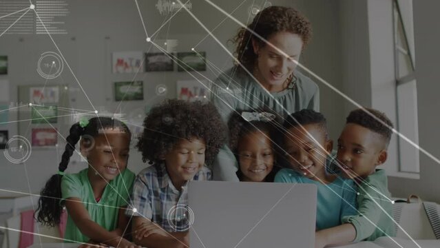 Animation of network of connections over diverse female teacher and students using laptop at school