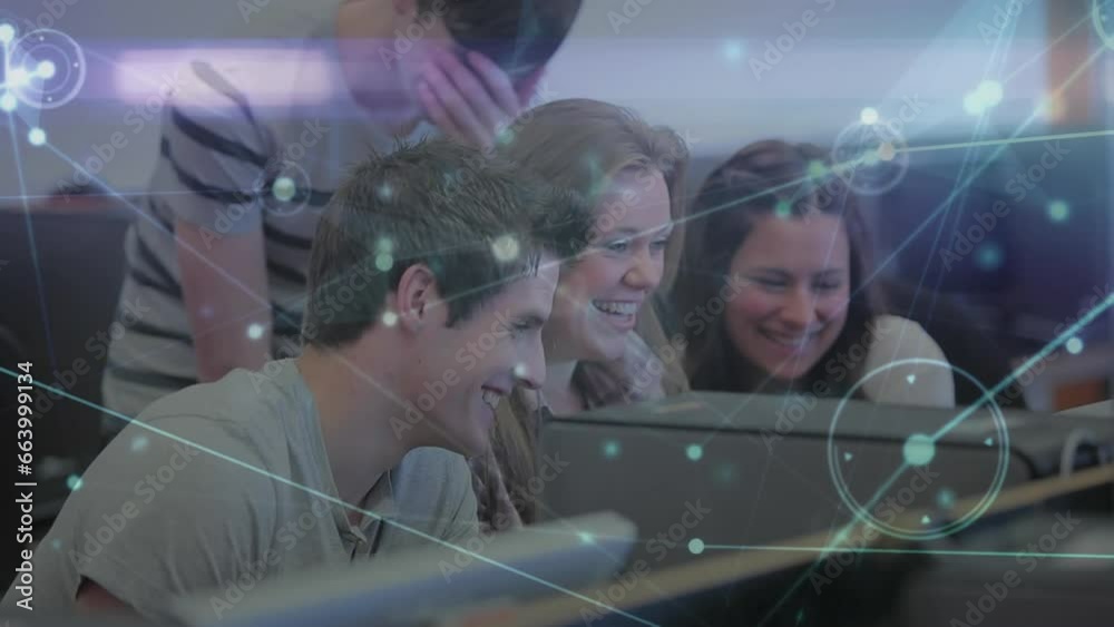 Poster animation of network of connections over group of students using computer and smiling at college