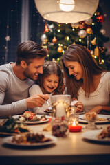 Happy family eating festive Christmas dinner with kids at home. Generative AI