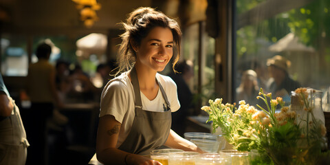 Smiling waitress in coffee shop, portrait of woman in cafe for service