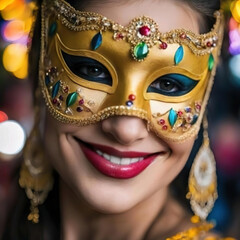 Obraz premium Retrato de muy cerca del rostro de una mujer sonriendo con un antifaz de carnaval 