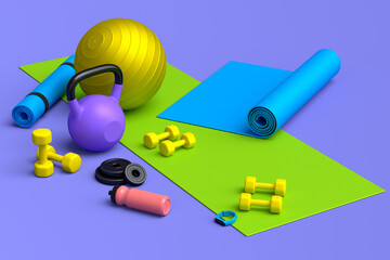 Isometric view of sport equipment like kettlebell, fitness ball and yoga mat