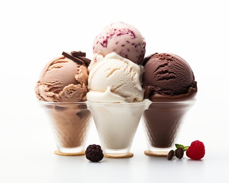 Close up variety of ice cream scoops in glass cup with chocolate on white background, food photography