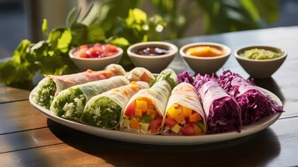 Fotobehang rice wraps with colorful veggies and assorted sauces © Татьяна Креминская