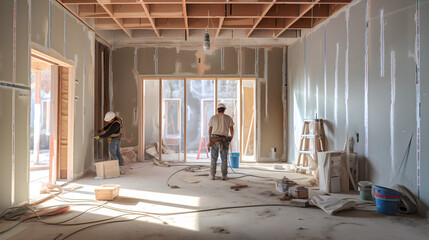 Drywall Interior installation work at a residential housing construction site - obrazy, fototapety, plakaty