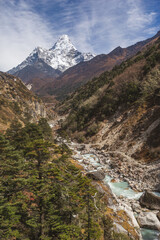 Bhote river and Ama Dablam mount. Nepal