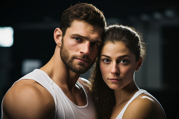 Obraz premium Generative AI picture of sporty married people couple in love training together in a sports gym