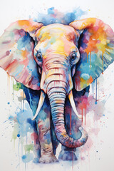 Obraz premium A vibrant watercolor depiction of an elephant's face and trunk, drenched in a myriad of colorful splashes and dripping details.