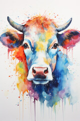 A vivid watercolor portrayal of a bull's face, bursting with a spectrum of colors and dripping paint details.
