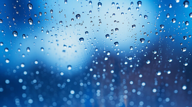 Raindrops on a sapphire glass background, bokeh street lights blurred, a picturesque autumnal backdrop.