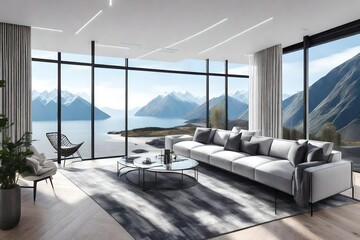 living room with silver steps and large windows, allowing for panoramic mountain views