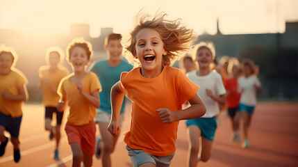 Group of kids with full energy running on athletic track, healthy active lifestyle concept