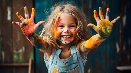 Joyful girl laughing and showing hands with colorful paint - obrazy, fototapety, plakaty