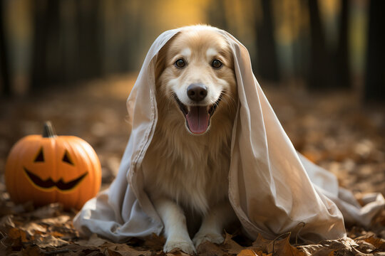 Generative AI portrait of funny dog walking outdoors happy halloween holiday festival