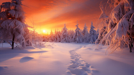 A sensational orange-hued wintry vista of glistening snow-laden mountains and resplendent trees bathed in sunlight.