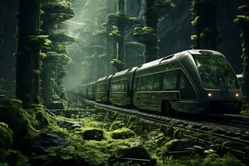 Wagons of a passing train carry a forest, nurtured by technology. Generative AI - obrazy, fototapety, plakaty