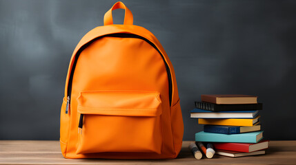 Orange backpack with school supplies kept on table.