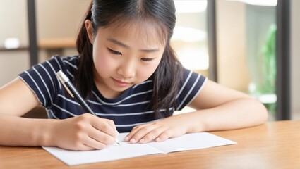 Focused young asian schoolgirl writing for academic exam study