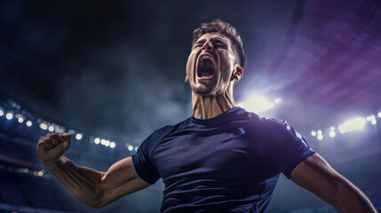 Professional soccer player celebrates winning the open stadium. The winner - obrazy, fototapety, plakaty