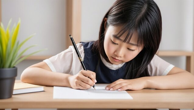 Focused Young Asian Schoolgirl Writing For Academic Exam Study