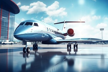 Closeup view of parked business jet awaiting VIPs. Luxury tourism and business travel concept. Generative AI