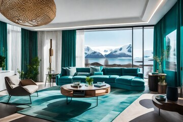 living room with turquoise steps and large windows, allowing for tranquil river views - obrazy, fototapety, plakaty