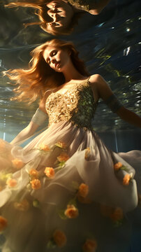 woman in the water, long dress with flowers, sunshine under water