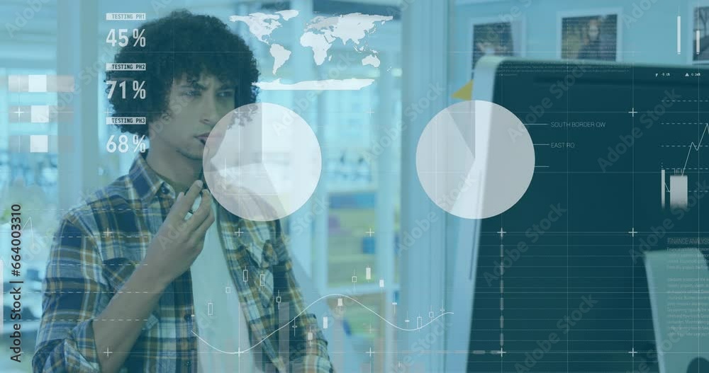 Poster animation of statistical data processing against thoughtful biracial man using computer at office