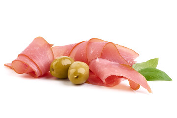 Sliced Hot smoked ham with vegetables, isolated on white background.