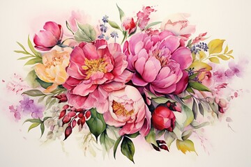 Colorful watercolor card featuring floral arrangements of peony, orchid, roses, and berries. Generative AI - obrazy, fototapety, plakaty