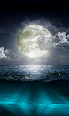 Illustration of night seascape with moon , light and sea.