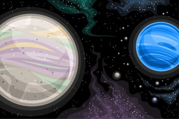 Vector Fantasy Space Chart, astronomical horizontal poster with cartoon design orbiting Triton and other satellites of Neptune in deep space, decorative cosmo print on black starry space background