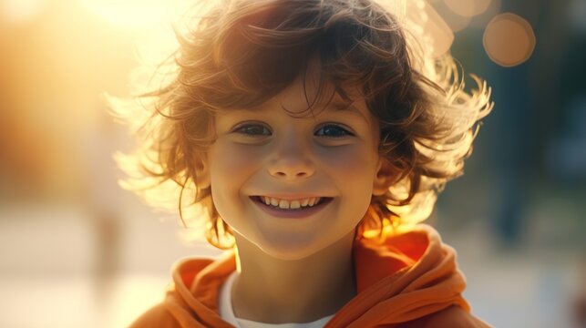 A cheerful child with a radiant smile and expressive eyes in a joyful photograph