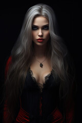 Fototapeta premium High Fashion Model Girl Portrait with Trendy gothic make-up, Black Hair style, Make up, dark accessories. Halloween Vampire Woman portrait with black smoky eyes, feathers dress, over black background
