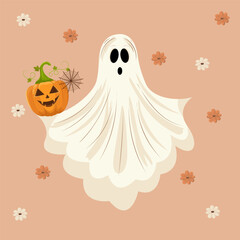 Halloween illustration with ghost, web and scary pumpkin and flowers. Spooky seasonal card brochure design. Stock vector Halloween banner