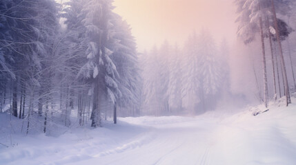 A peaceful, picturesque wintery mountain forest scene with a snowy road.