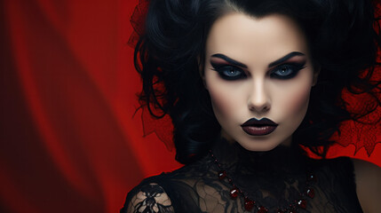 Fototapeta premium High Fashion Model Girl Portrait with Trendy gothic make-up, Black Hair style, Make up, dark accessories. Halloween Vampire Woman portrait with black smoky eyes, feathers dress, over black background