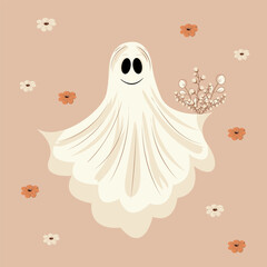Halloween illustration with ghost and and flowers. Spooky seasonal card brochure design. Stock vector Halloween banner