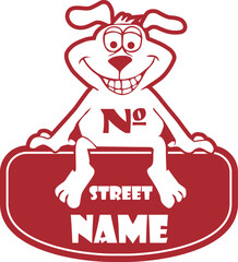 Curly address sign - funny dog at the address, sign on the house, address. Template for making an address sign. Vector illustration.