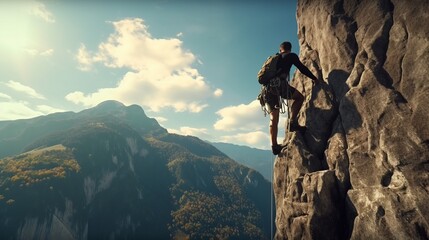 A climber scaling a challenging rock face in the mountains.