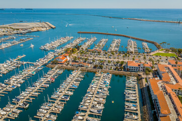 Aerial view of the Cabrillo Marina and Whalers Walk in San Pedro, California facing Southeast on a Lovely Day - obrazy, fototapety, plakaty