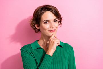 Photo of intelligent girl with bob hairdo dressed green shirt hold finger on chin think business...