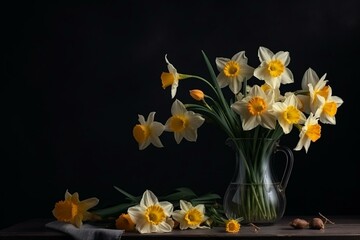 Bouquet of daffodils on a dark backdrop. Generative AI