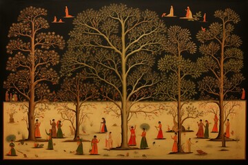 Miniature art depicting pichhwai paintings of a tree. Generative AI